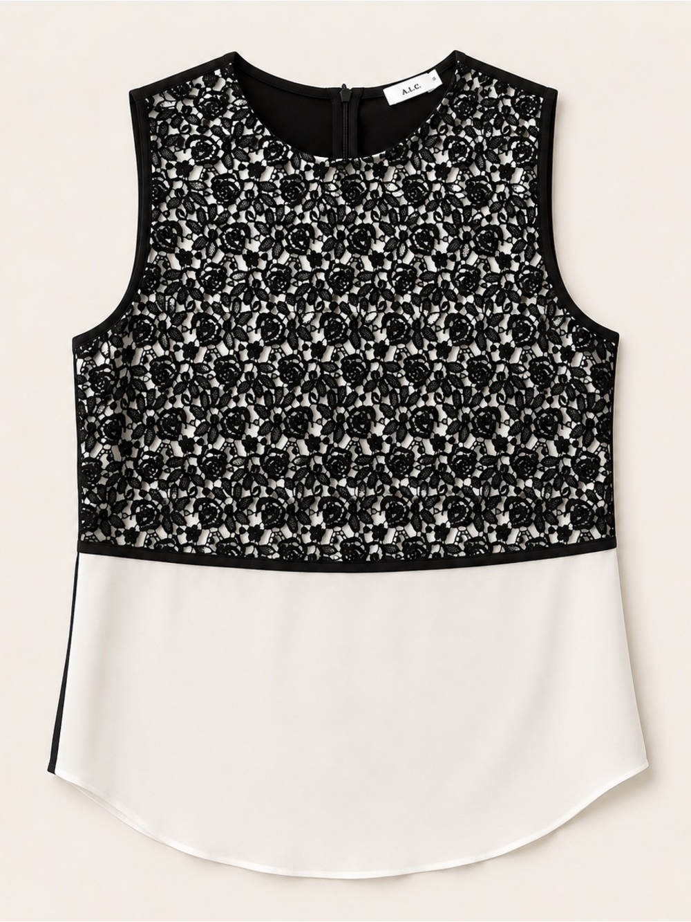 A.L.C. Two-Tone Lace Shell Top in Black and White 100% silk